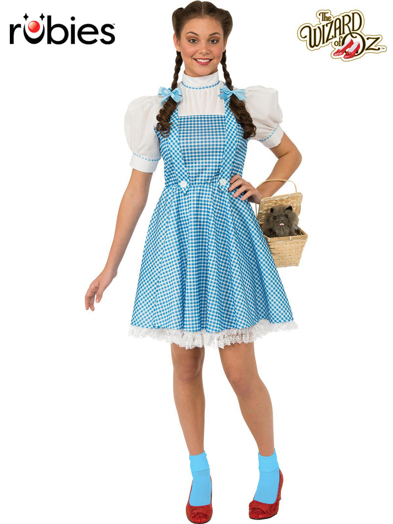 Womens Dorothy Costume Plus Size with blue gingham pinafore dress and white puff sleeves
