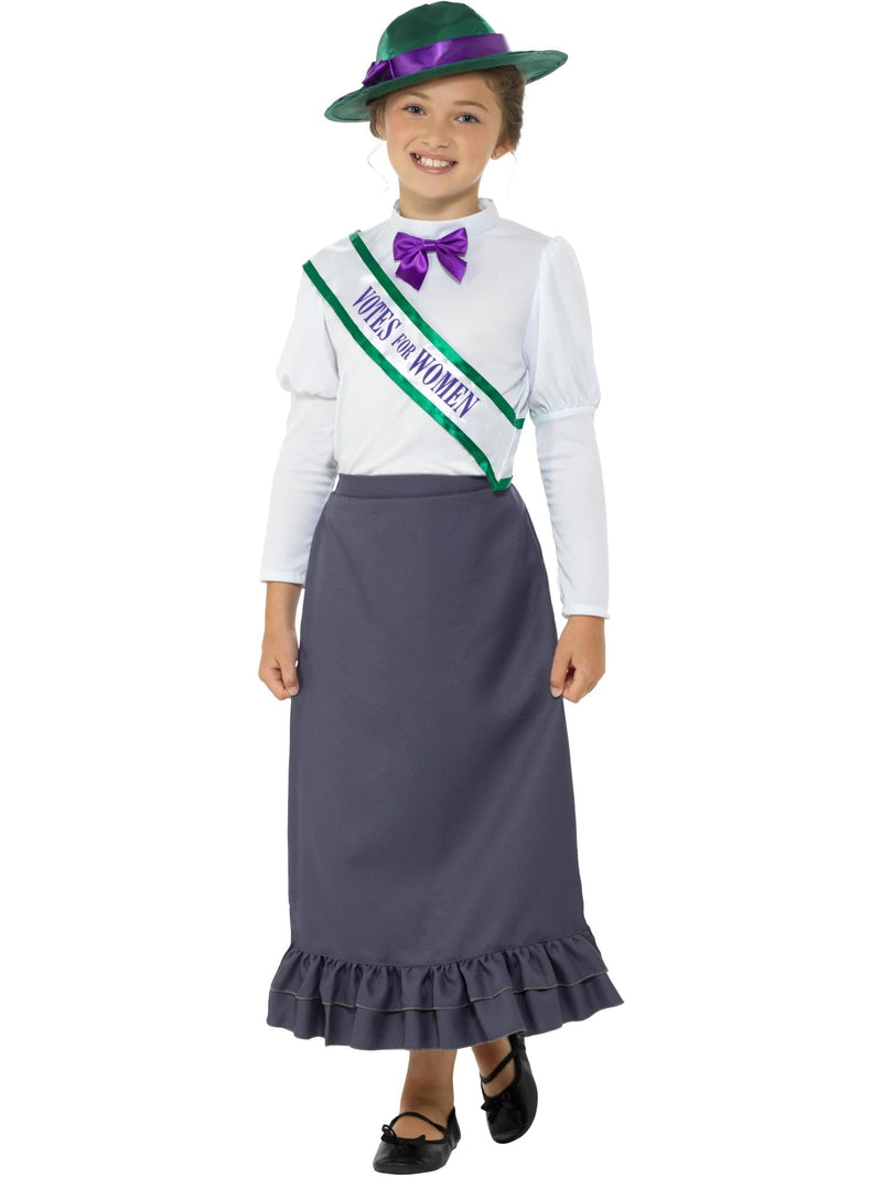 Kids suffragette costume with grey dress, white blouse, purple sash and wide-brim hat