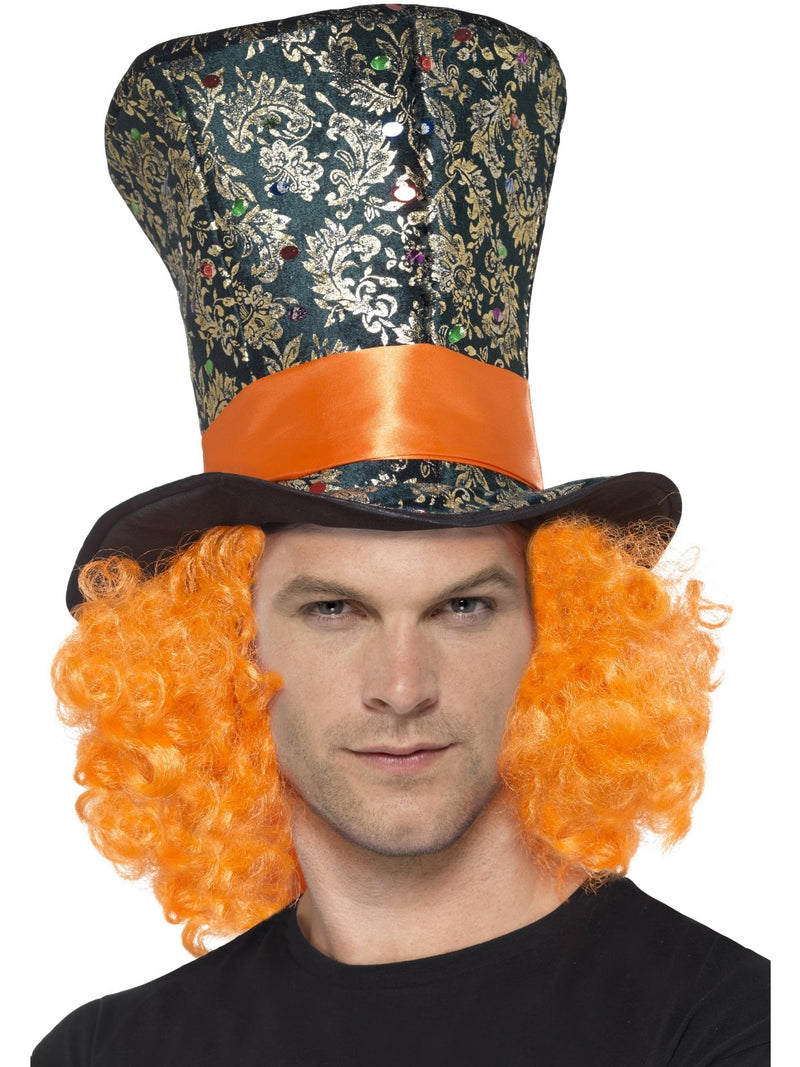 Kids Mad Hatter top hat in teal baroque brocade with orange curly wig attached, front view