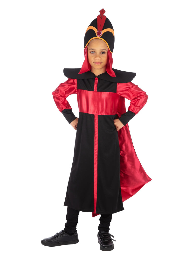 Close-up of Jafar costume headpiece with red ornament and black felt construction