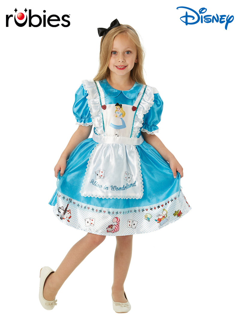 Kids Alice in Wonderland costume dress with blue satin bodice, white apron, and layered tulle skirt