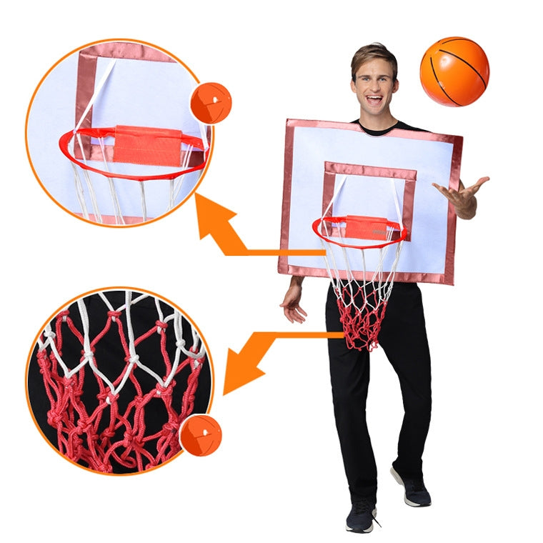 Close-up of red plastic hoop and red-white net detail on basketball costume