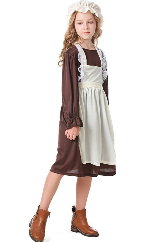 Girls colonial costume with brown dress, cream apron and bonnet front view