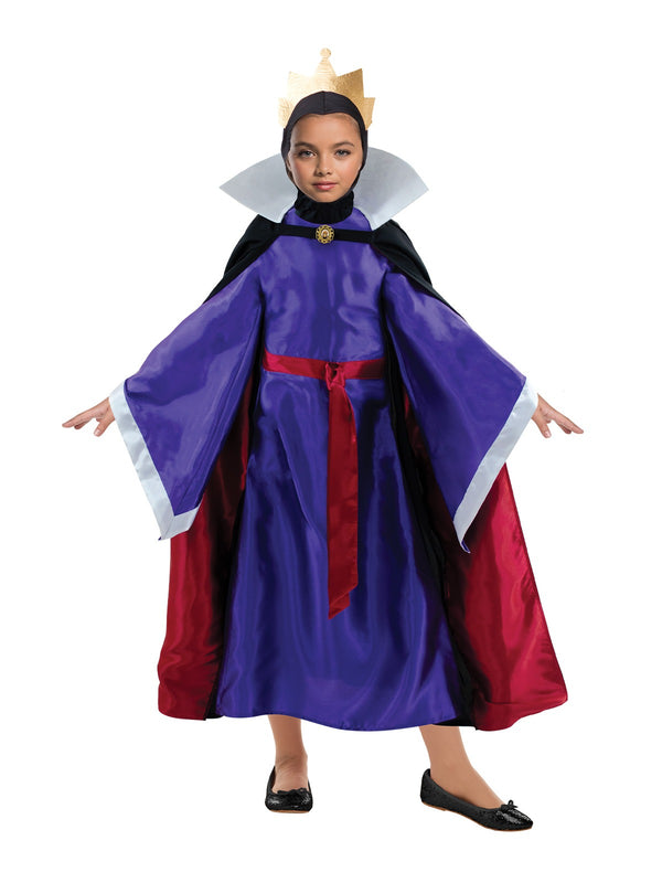 Kids Disney Evil Queen costume with purple dress, black cape and gold crown