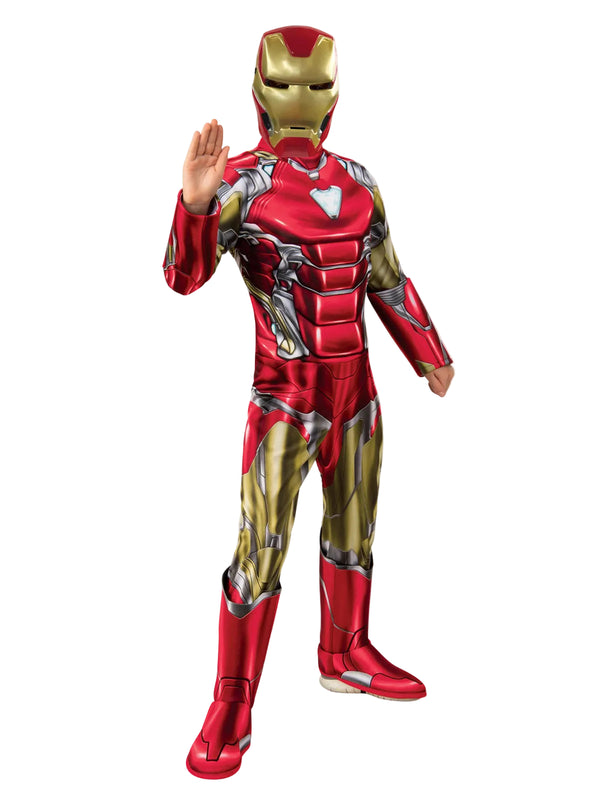 Kids Iron Man costume with red and gold metallic armor print and muscle chest padding