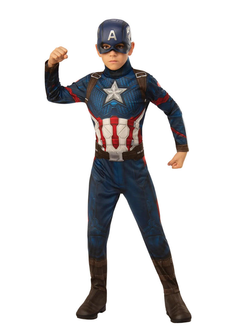 Kids Captain America costume with navy jumpsuit, red striped belt, and molded half-mask with A emblem