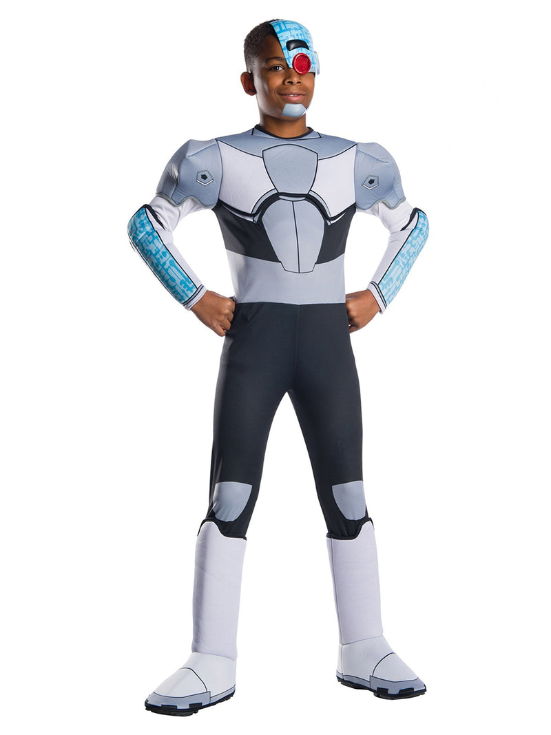 Kids Cyborg costume from Teen Titans with metallic armor print and muscle padding