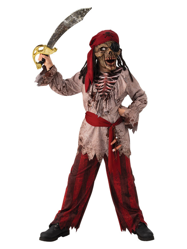 Kids skeleton pirate costume with blood-splattered tunic and skull mask