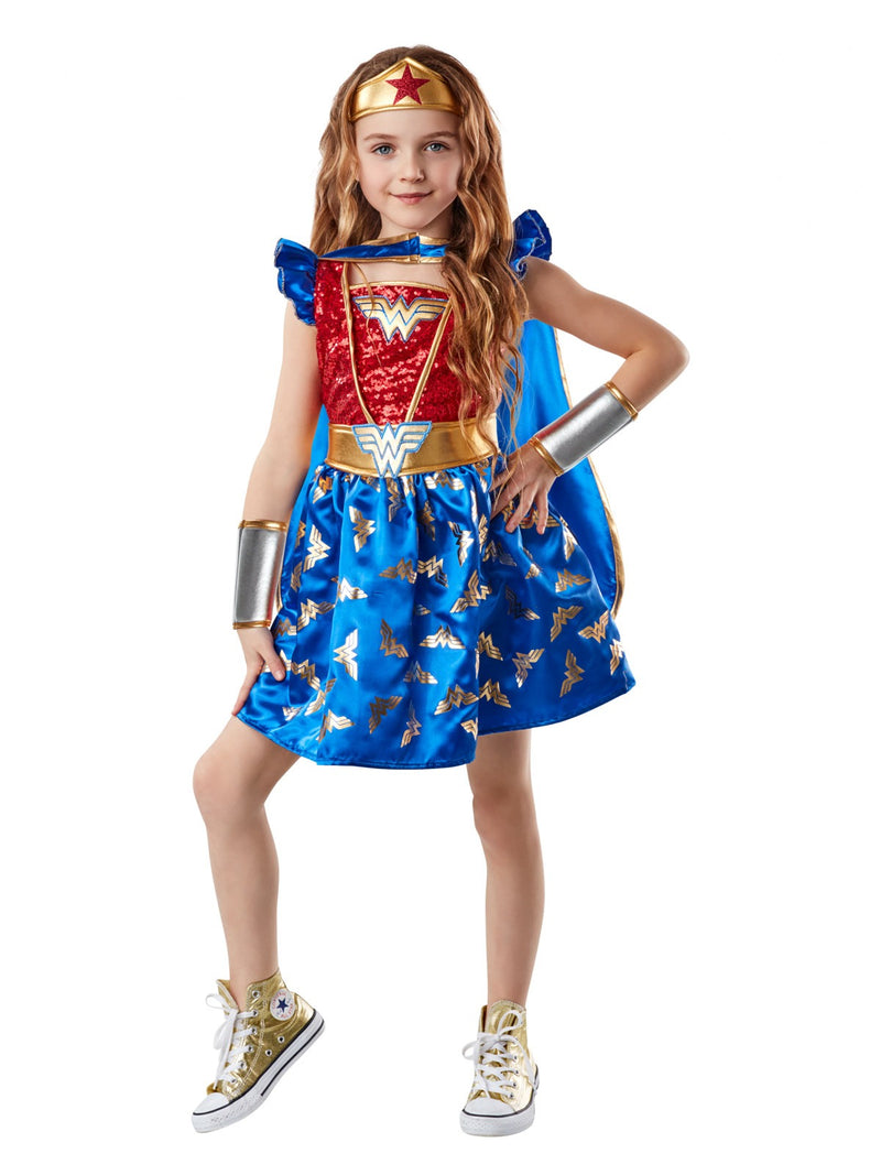 Kids Wonder Woman deluxe costume with sequined blue tutu dress, red and gold tiara, silver gauntlets, and blue satin cape