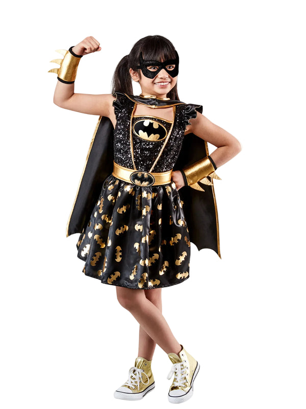 Kids Batgirl costume with black sequined tutu dress and gold Batman logo