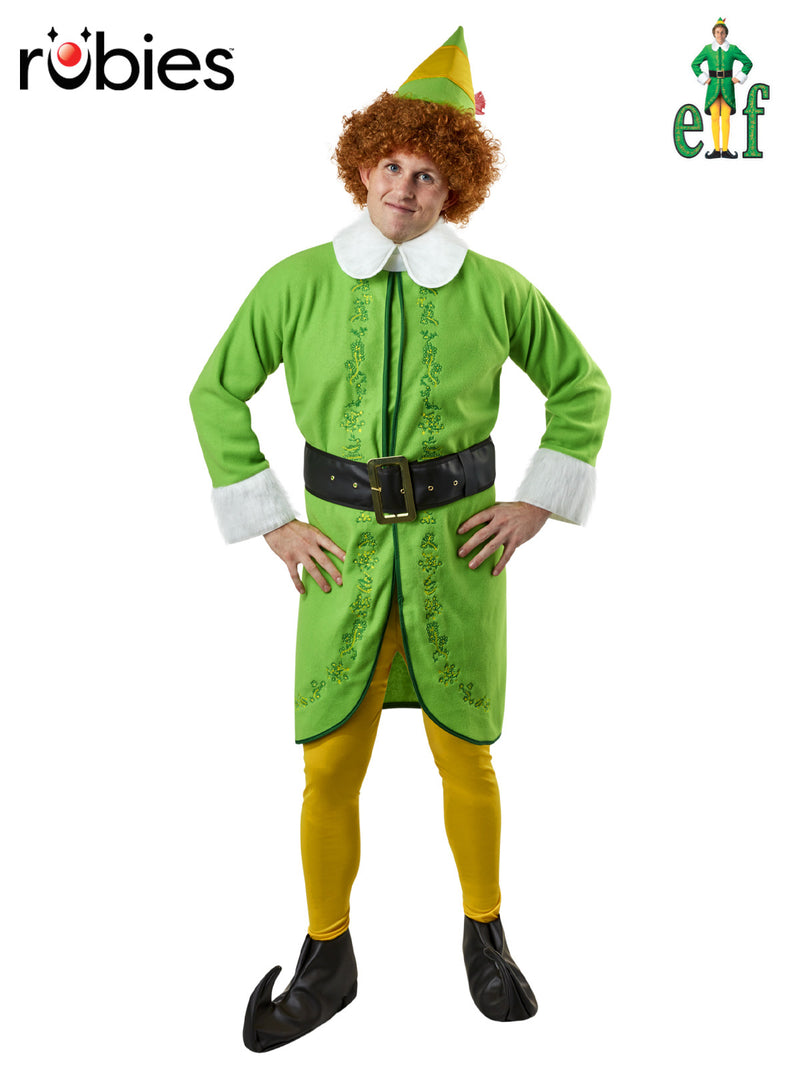 Adult Buddy the Elf costume with green jacket, yellow tights, curly wig, and elf hat