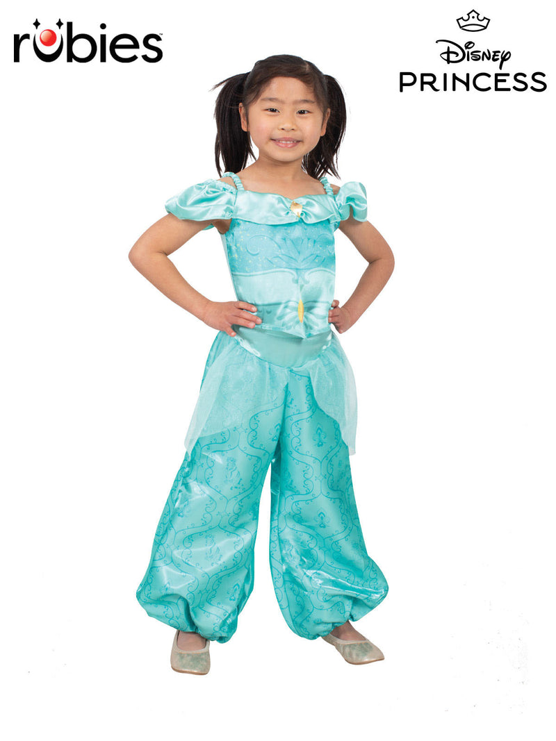 Kids Princess Jasmine costume in turquoise satin with off-shoulder top and harem pants