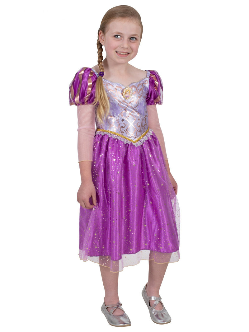 Kids Rapunzel princess costume purple satin dress with sparkle tulle skirt and gold trim