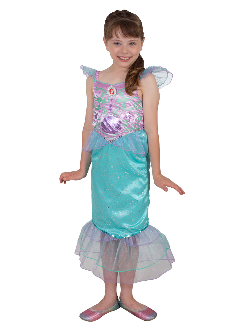 Close-up of Ariel costume showing printed undersea bodice with shells, starfish, and character pendant