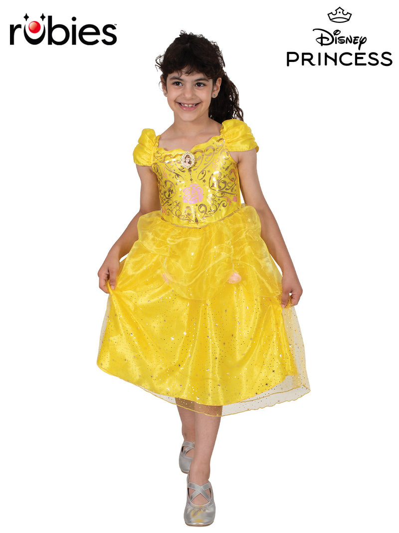 Kids Belle Princess Costume - golden yellow ball gown with metallic gold bodice and character pendant