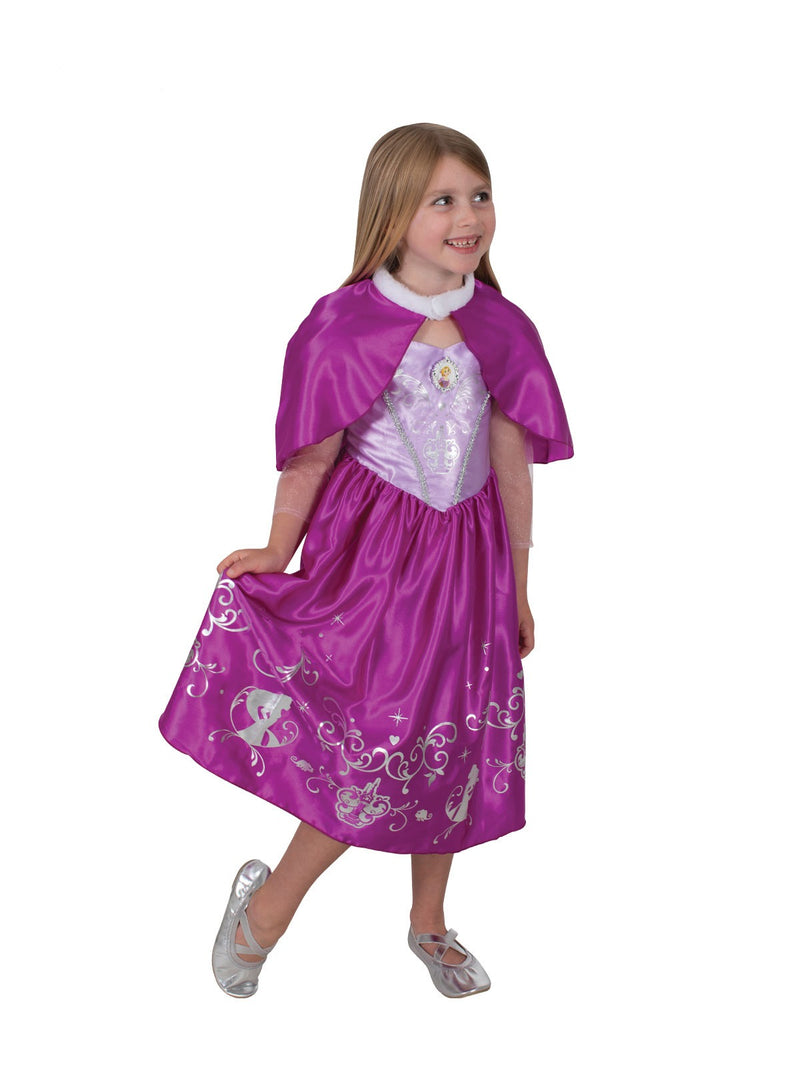 Kids Rapunzel deluxe costume with magenta satin ball gown and faux fur cloak