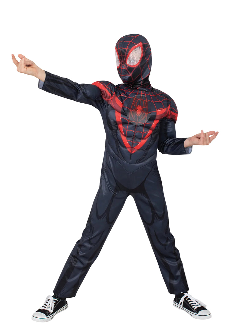 Kids Miles Morales Spider-Man costume with black jumpsuit and red spider emblem