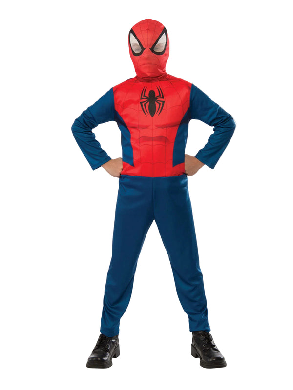 Kids Spider-Man costume - red and navy jumpsuit with quilted muscle padding and integrated mask