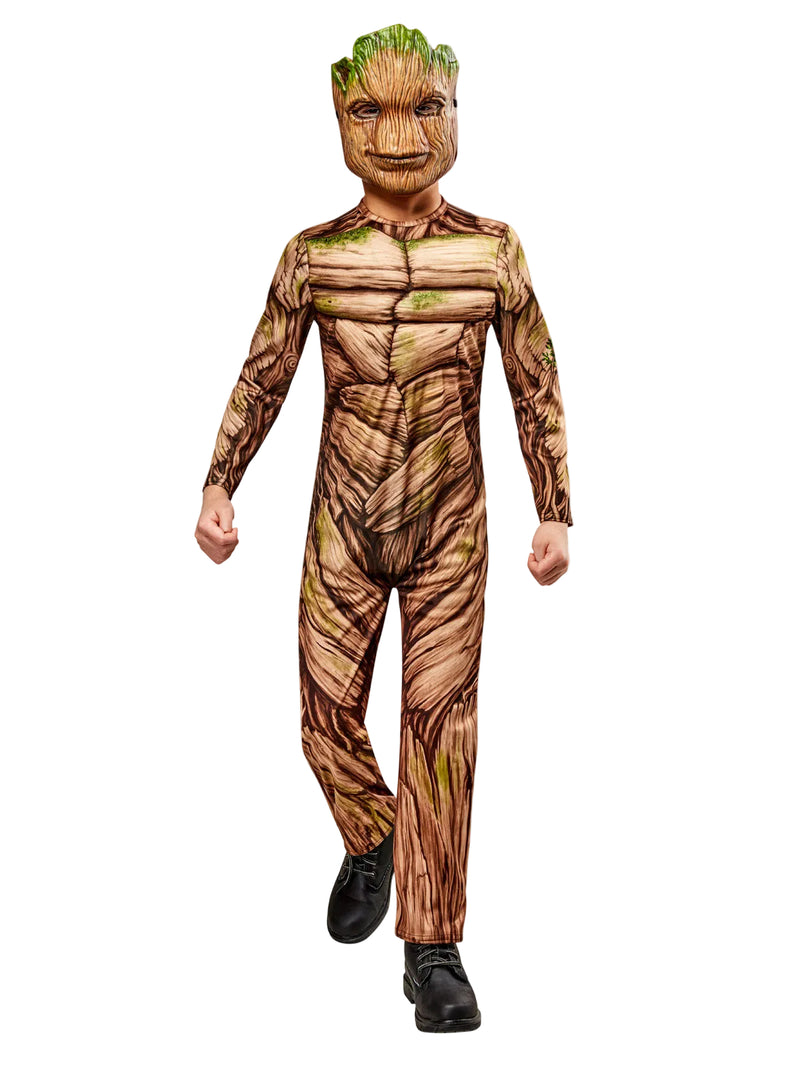 Kids Groot costume full body view showing wood-grain jumpsuit and moulded mask