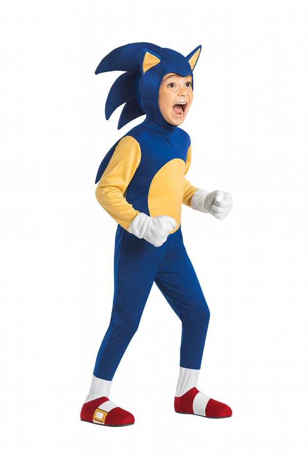 Child wearing blue hedgehog costume with white gloves and red shoes, front view