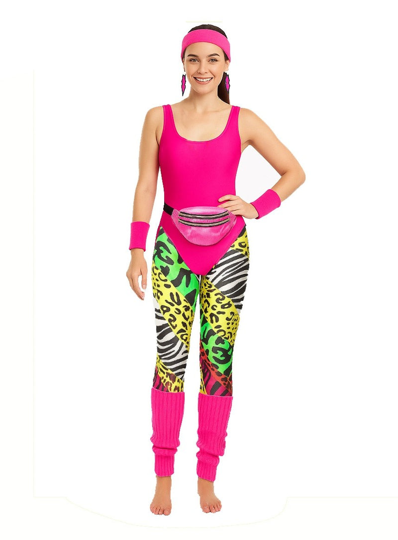 Women's hot pink 80s aerobics costume with neon animal print leggings and accessories