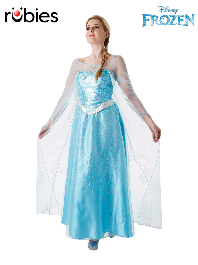 Adult Elsa Frozen costume ice-blue sequined gown with snowflake cape front view