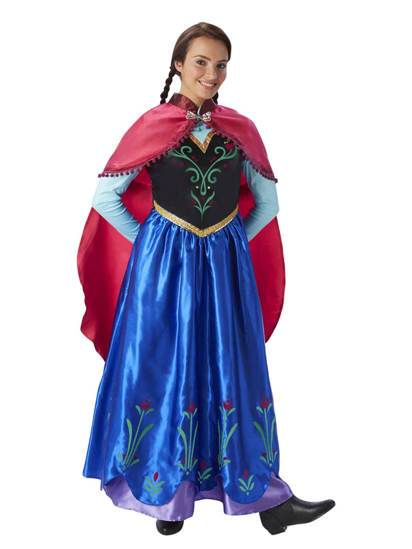 Adult Princess Anna Frozen costume dress with royal blue skirt, black bodice, and magenta cape