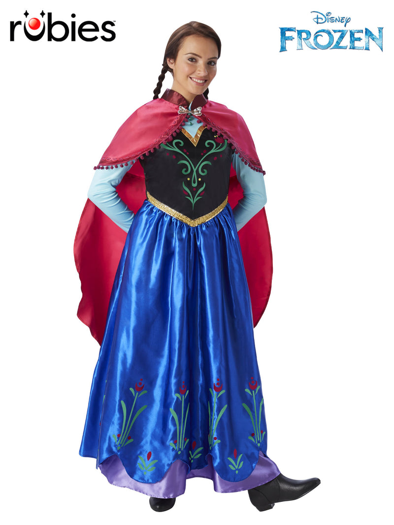 Adult Princess Anna Frozen costume dress with royal blue skirt, black bodice, and magenta cape