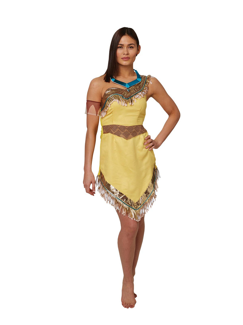 Disney Pocahontas womens costume - back view showing halter tie and asymmetric hemline with fringe trim