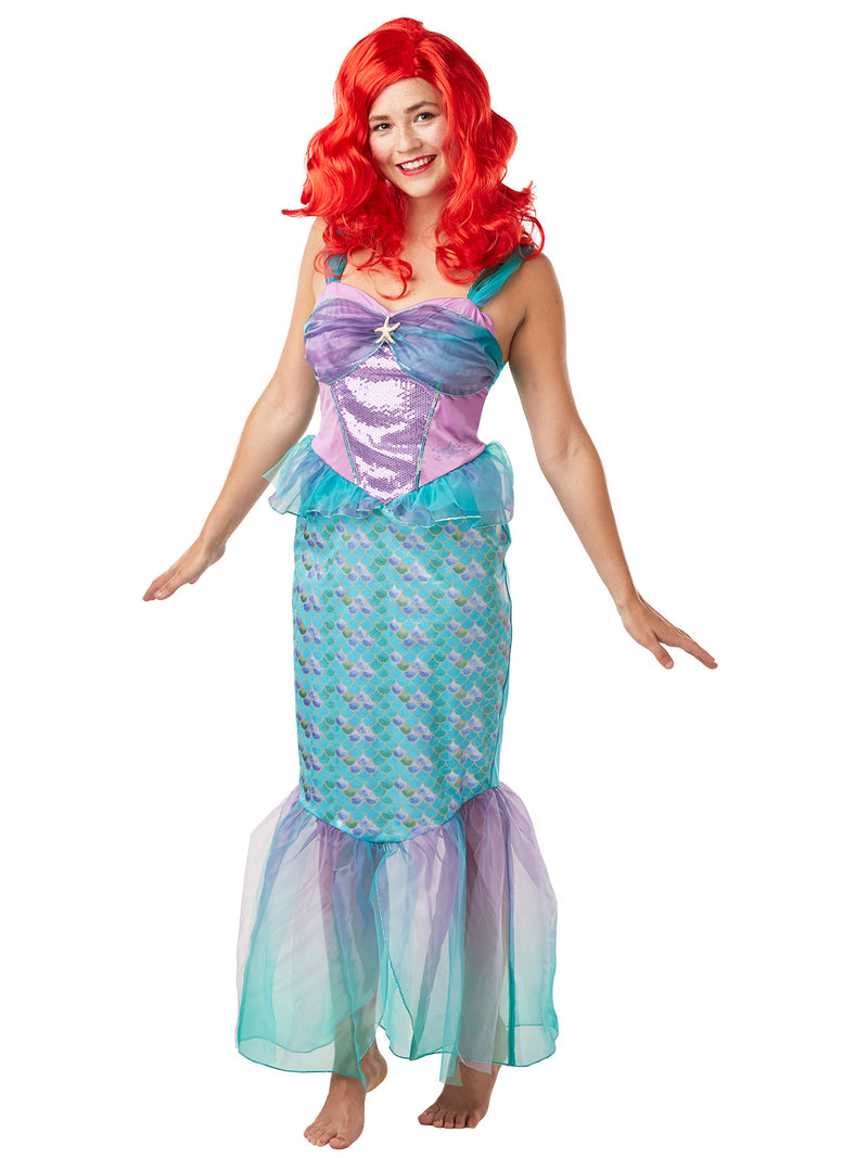 Close-up of Ariel costume bodice featuring ombre tulle clam shell bust detail with starfish pendant and gradient shoulder straps