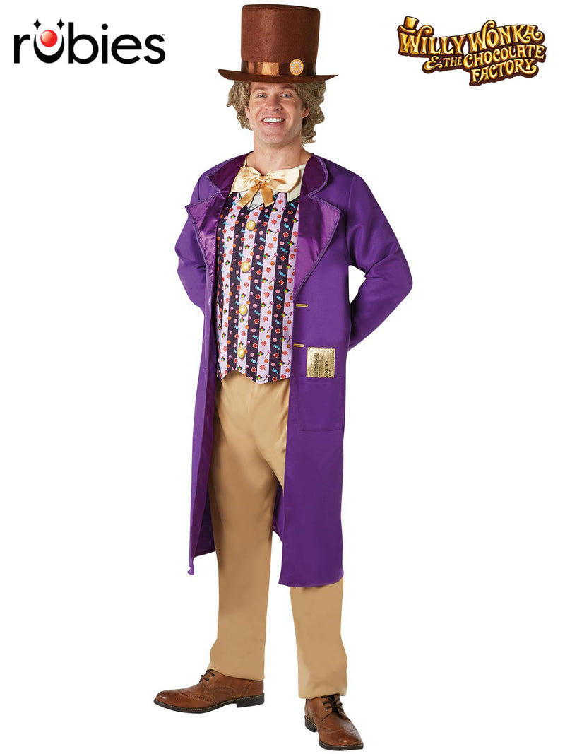 Mens Willy Wonka costume with purple satin tailcoat, candy-print waistcoat, gold bow tie and brown top hat