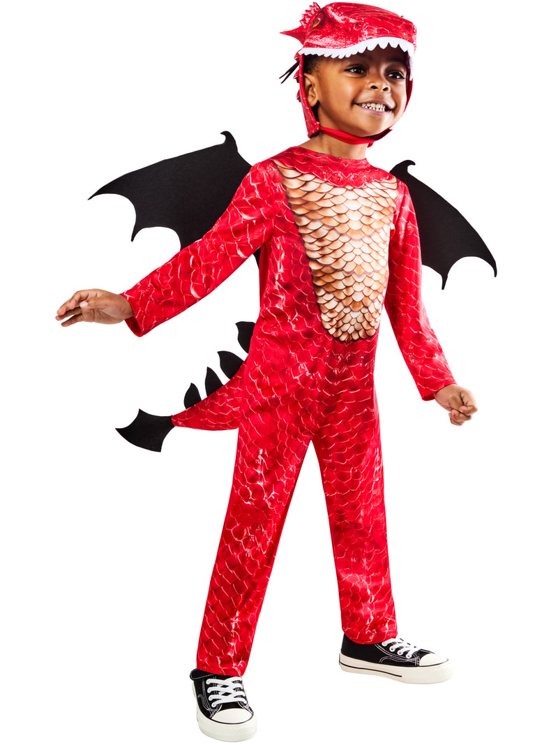 Child wearing red dragon costume showing scale pattern and detachable tail