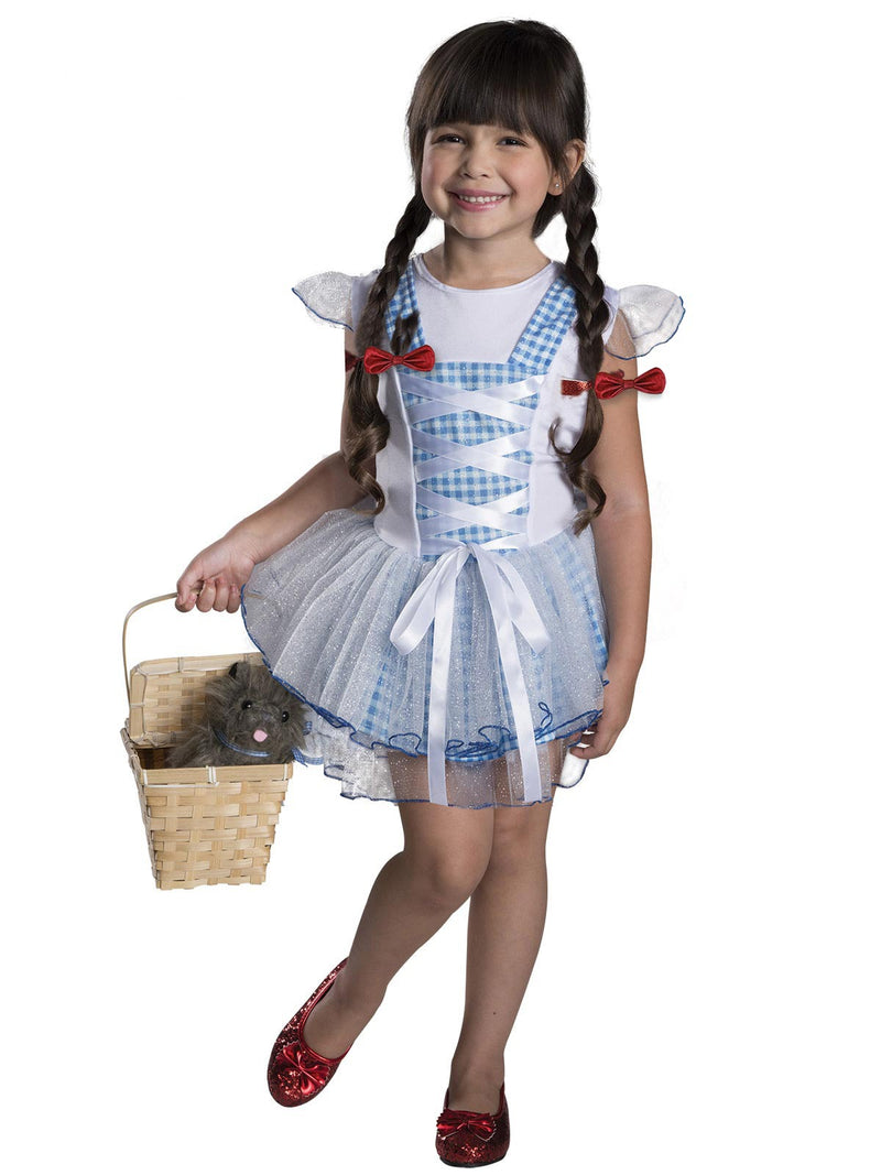 Kids Dorothy Wizard of Oz costume dress with blue gingham bodice and glitter tulle skirt