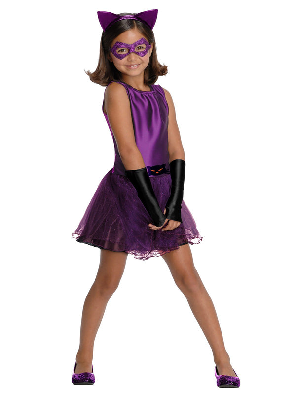 Purple Catwoman tutu costume dress with glitter mask and cat ears headband for toddler girls