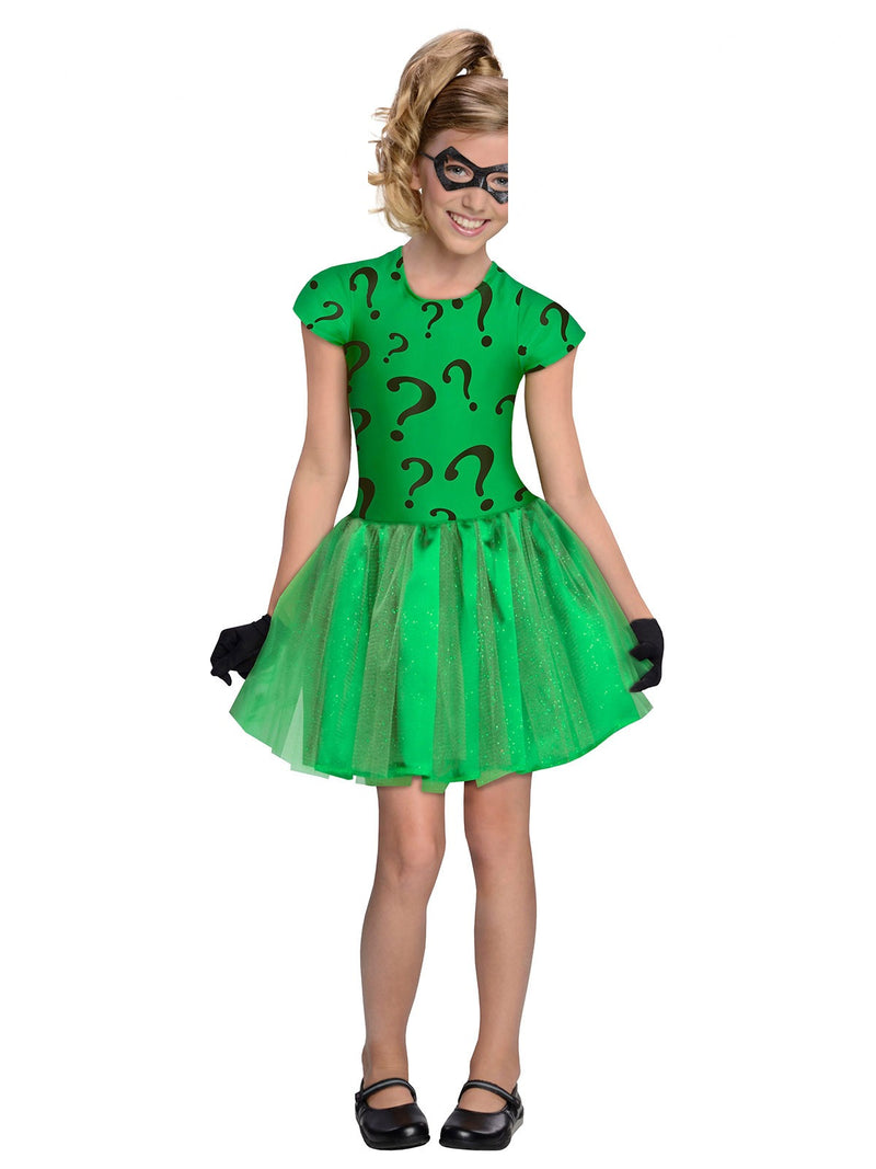 Kids The Riddler tutu dress costume in bright green with question mark print bodice and glitter tulle skirt