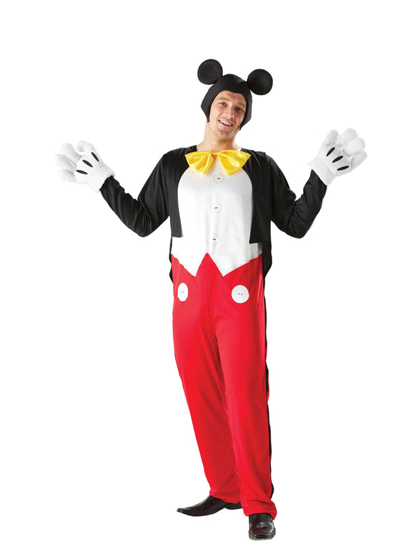 Adult Mickey Mouse costume full body jumpsuit with red shorts and yellow bow tie