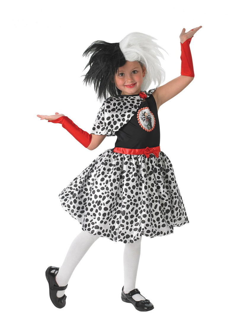 Girls Cruella costume with dalmatian spot dress and red capelet