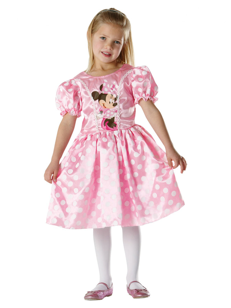 Kids Minnie Mouse pink polka dot dress with printed character panel and puff sleeves