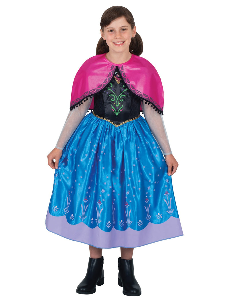 Kids Anna Frozen costume full-length view with blue satin skirt, black velour bodice, magenta cape and gold trim