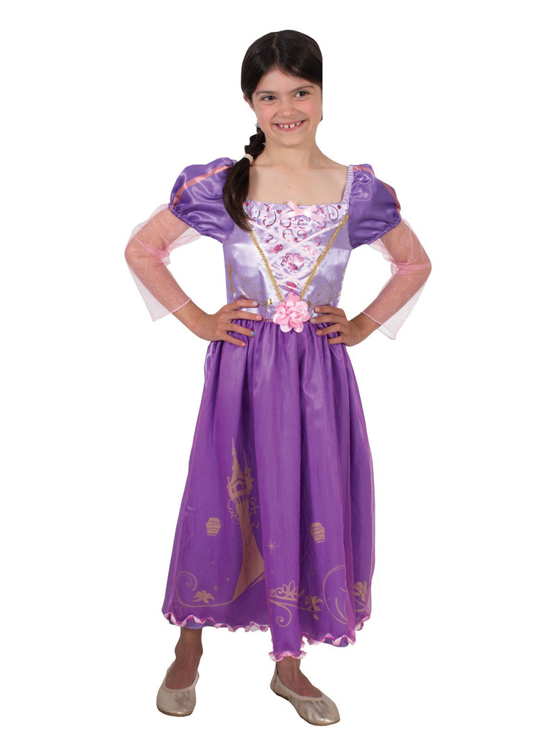 Kids Disney Rapunzel costume dress in purple satin with tulle sleeves