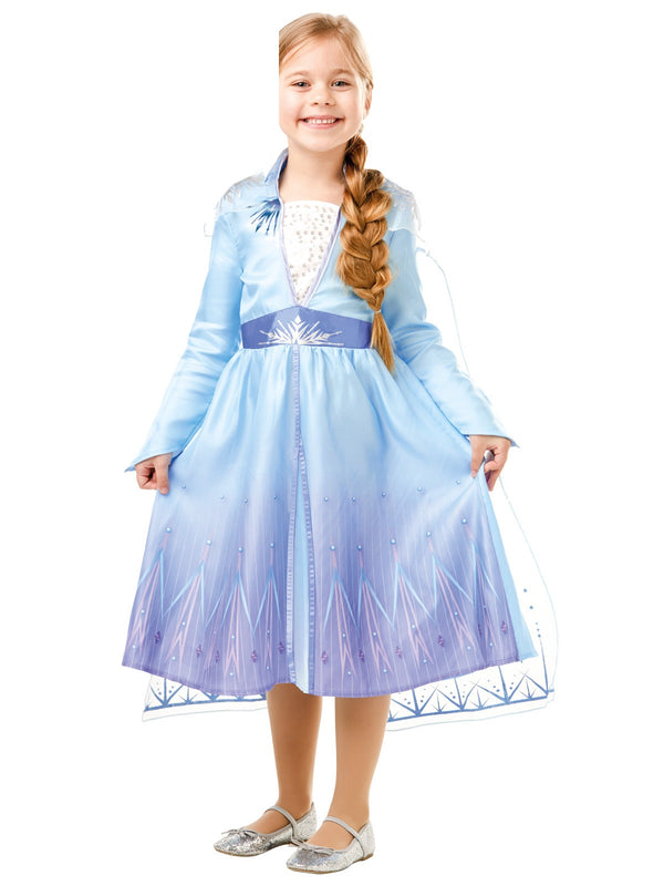 Kids Frozen 2 Elsa costume dress with light blue to purple gradient and flowing cape