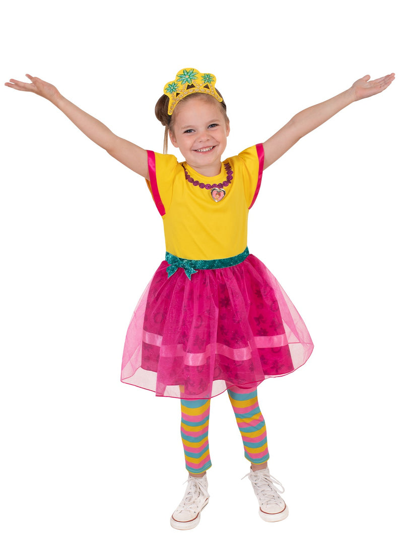 Kids Fancy Nancy costume with yellow tulle dress and rainbow striped leggings