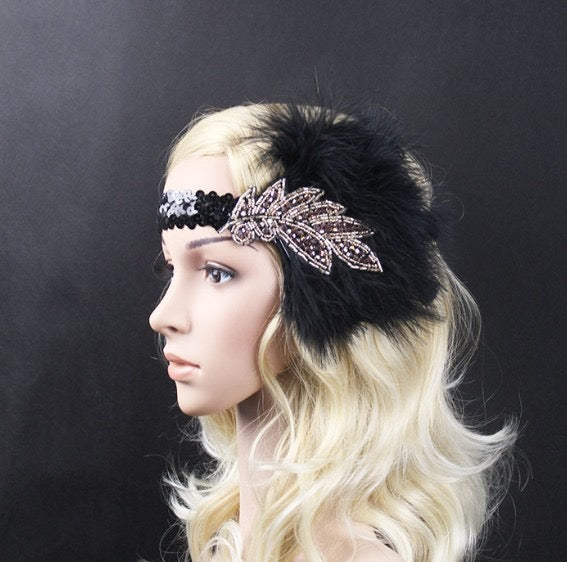 1920s Headband Black Feather Flapper Headpiece