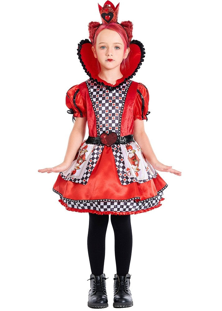Kids Card Queen costume with red dress, heart collar and crown headpiece