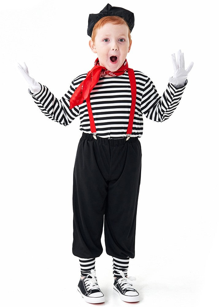 Child wearing black and white striped mime costume with red suspenders and beret