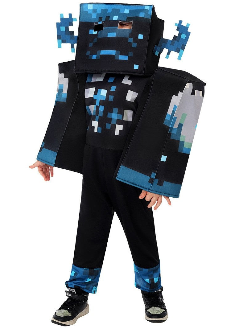 Kids pixel game monster costume with blue sonic sensors and blocky arms