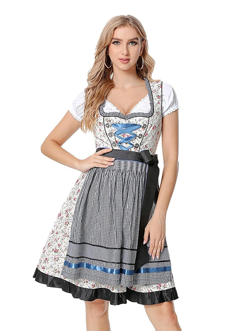 Women's floral dirndl dress with grey gingham apron and satin bow