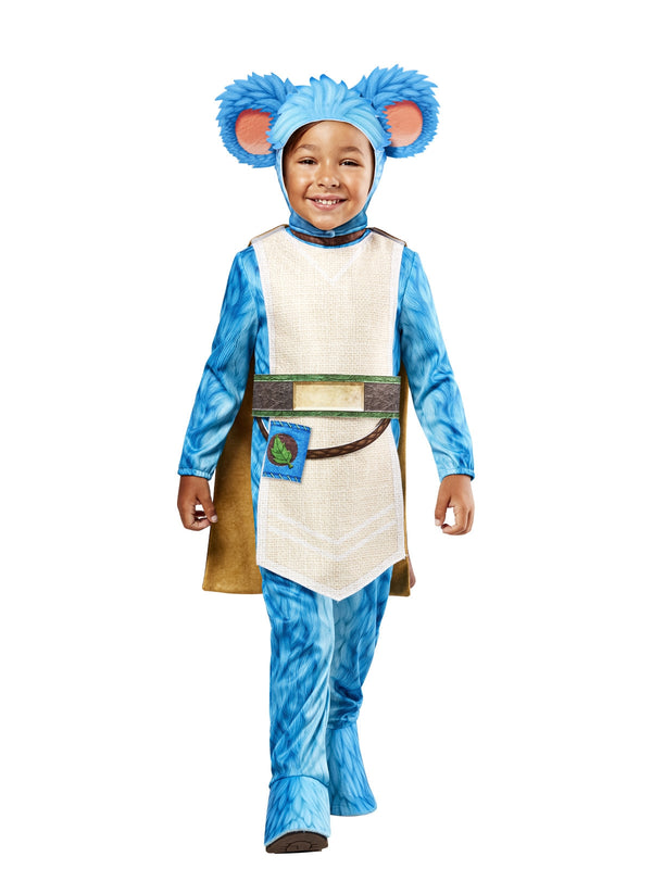 Kids Nubs Star Wars costume showing bright blue jumpsuit with cream tunic and brown cape