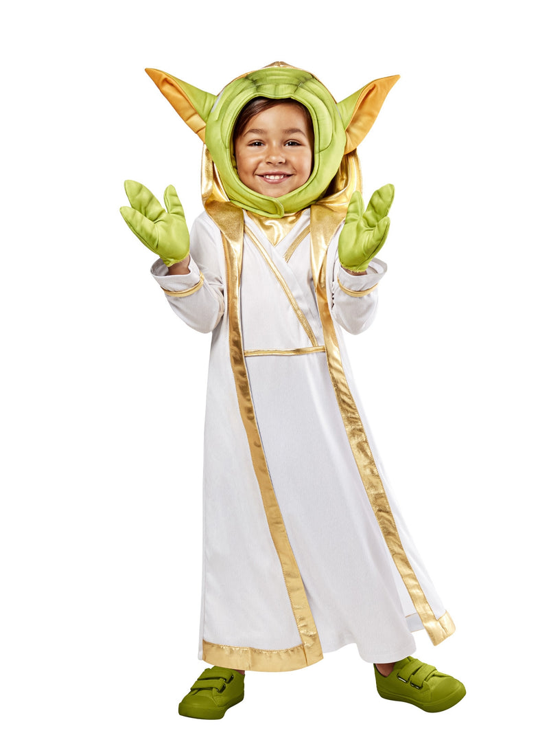 Kids Yoda Jedi Master costume with white robe, gold trim, green headpiece with pointed ears
