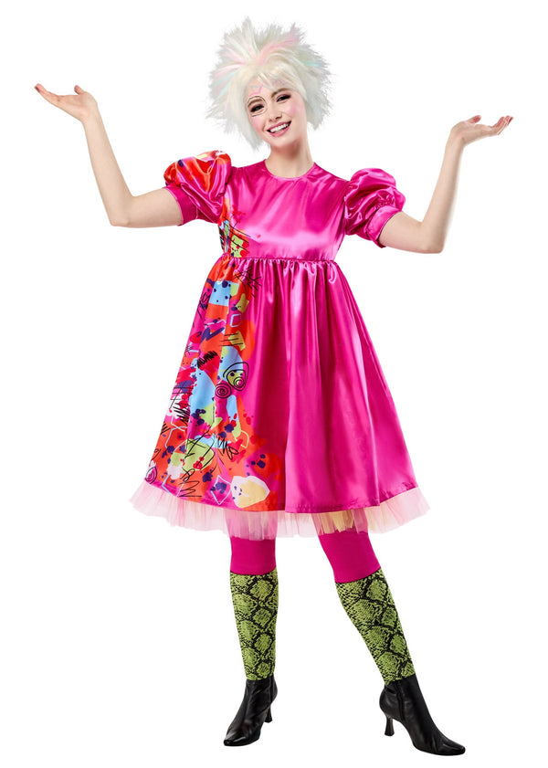 Womens Weird Barbie Costume with hot pink satin dress featuring bold abstract graphic panel and 80s puff sleeves